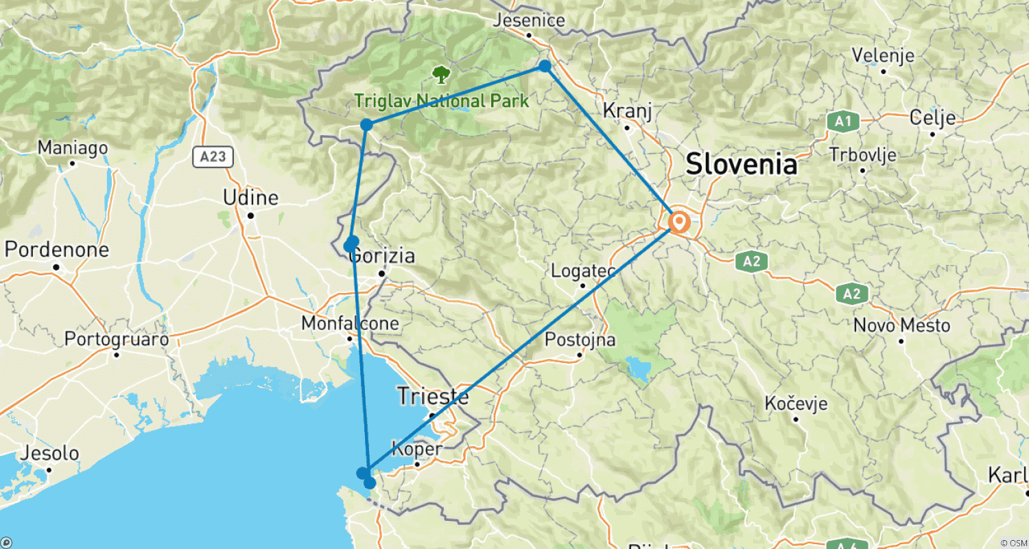 Mapa do percurso de 7 Dias em Liubliana, Postojna, Piran, Goriška Brda, Vale do Soča e Bled.