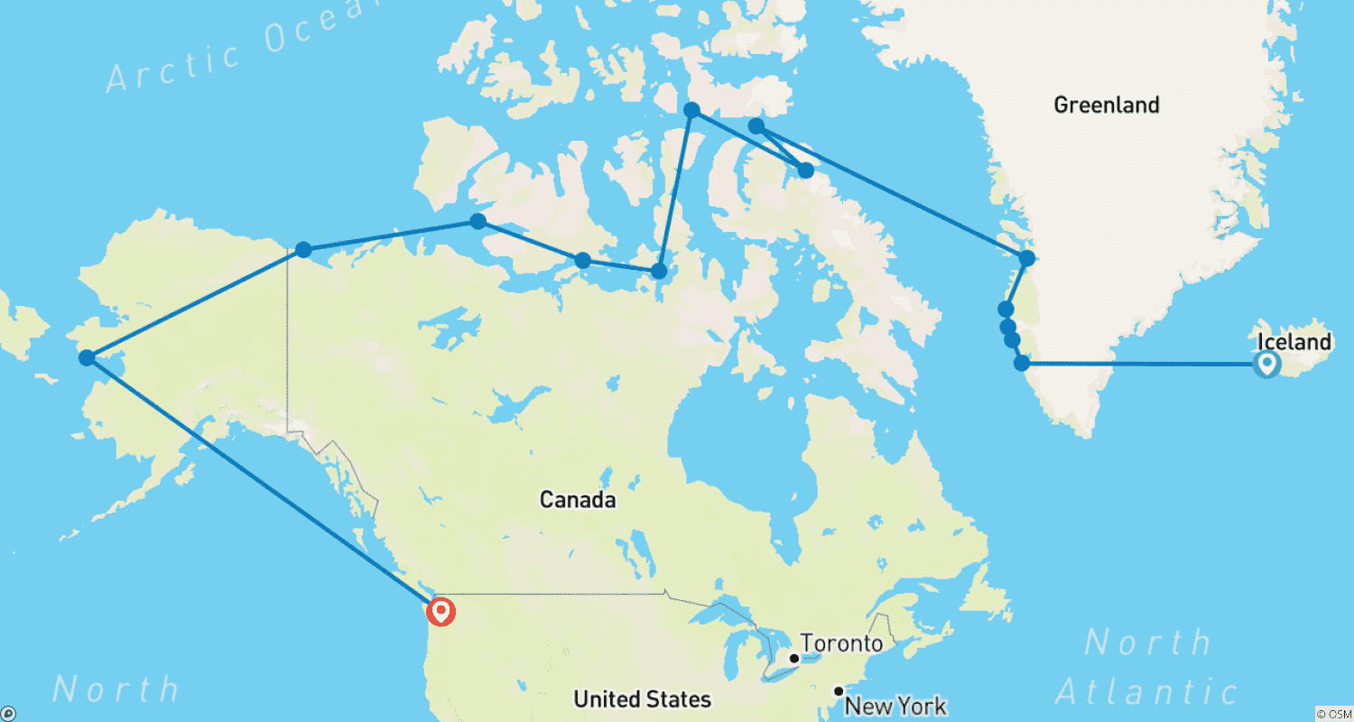 Mapa do percurso de Passagem do Noroeste - Através do Labirinto Ártico (Groenlândia ao Alasca)