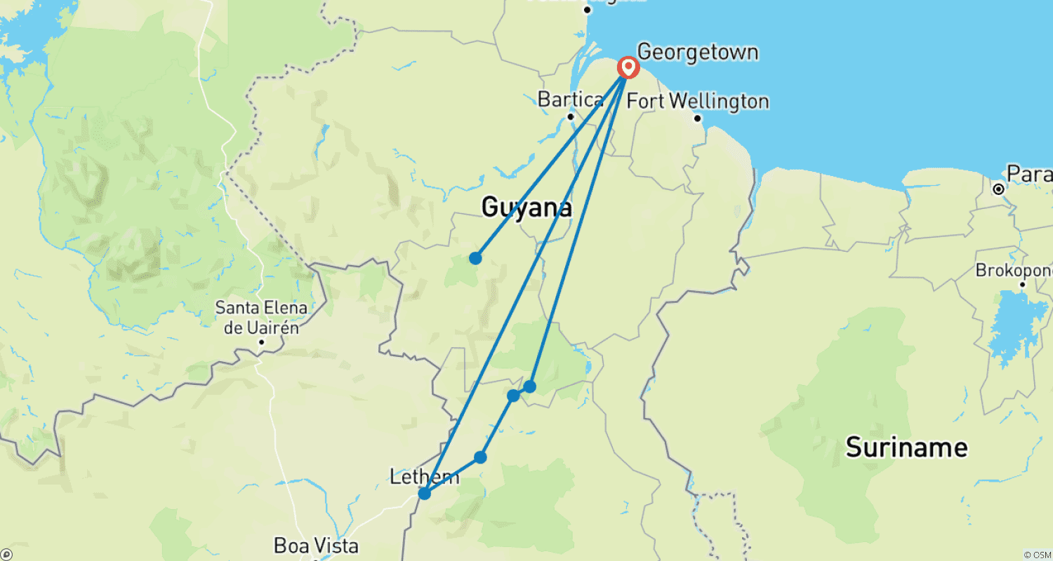 Mapa do percurso de Experiência Definitiva na Natureza da Guiana: 14 Dias/13 Noites