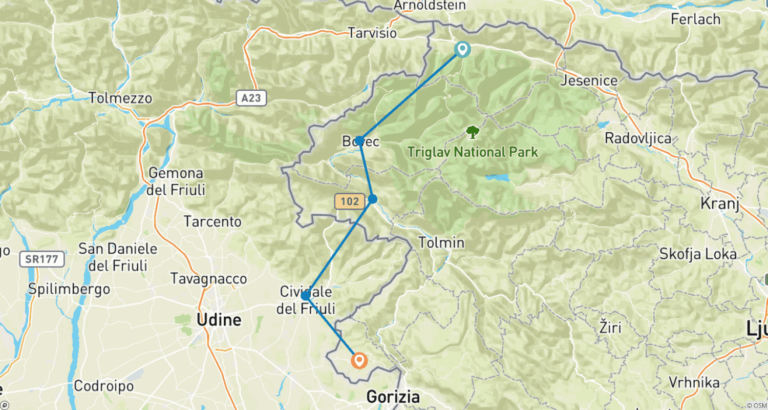 Mapa do percurso de Trilho Alpe Adria de bicicleta, Autoguiado