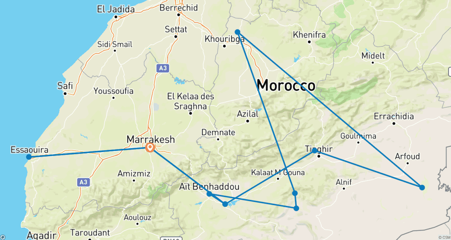 MARRAKECH to MARRAKECH (12 days) Souks, Sand Dunesのルートマップ