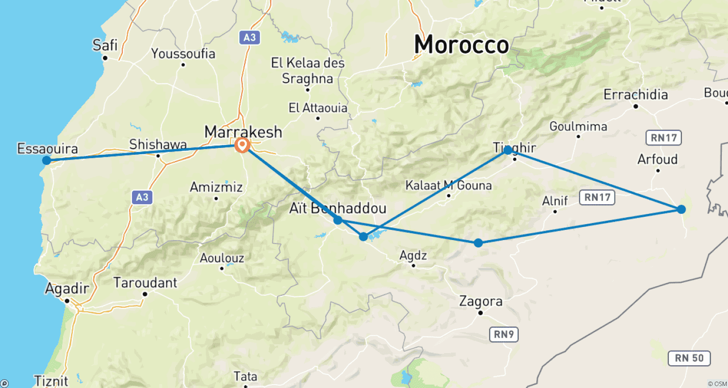 Mapa do percurso de DE MARRAQUEXE a MARRAQUEXE (12 dias) Souks, Dunas de Areia
