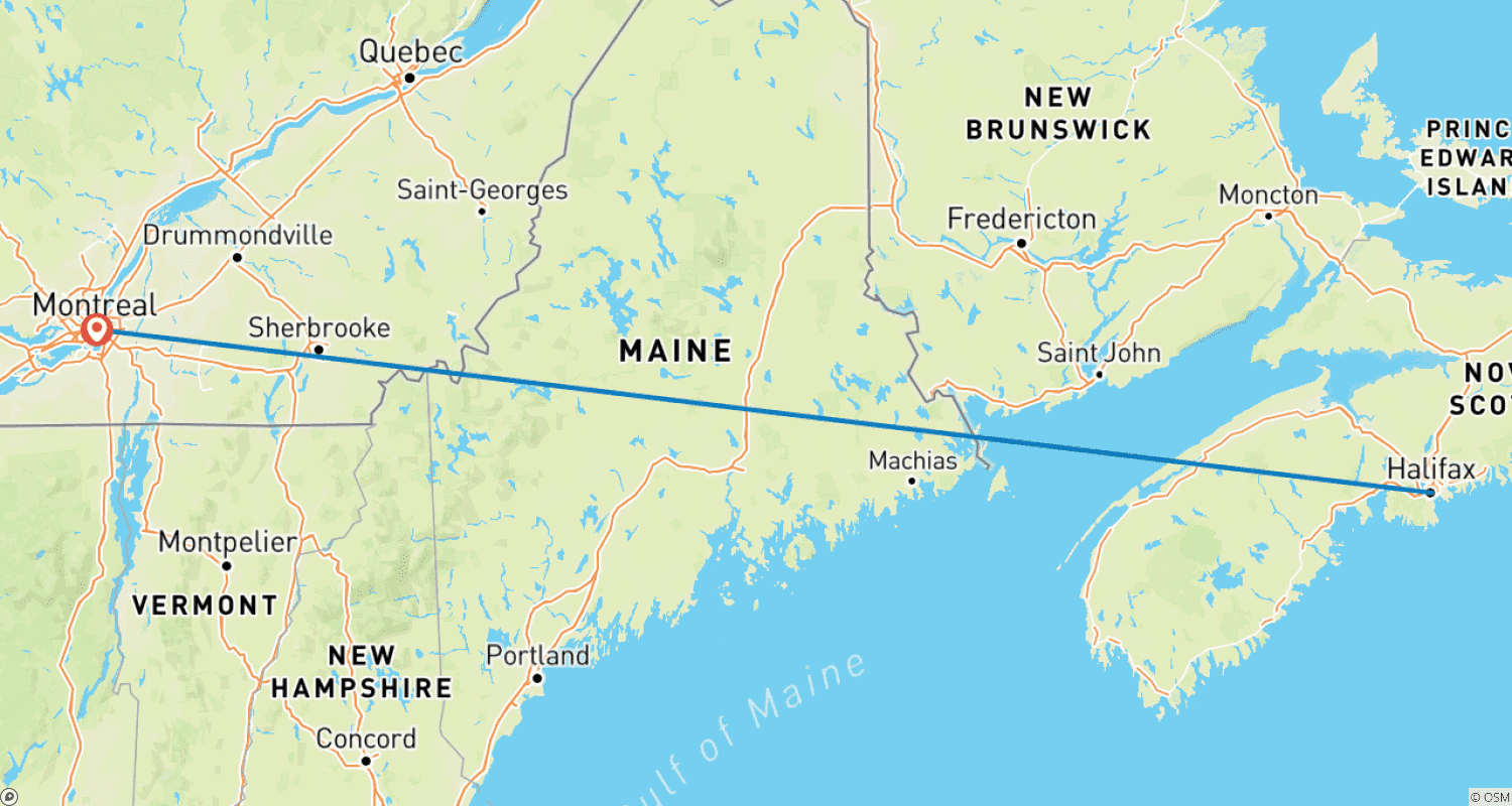 Mapa do percurso de Toque Francês e Charme Costeiro: De Halifax a Montréal de Trem