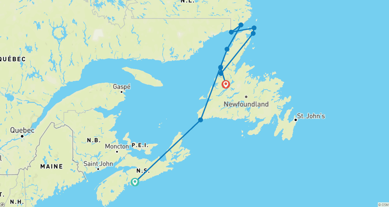 Mapa do percurso de Newfoundland & Labrador’s Viking Trail