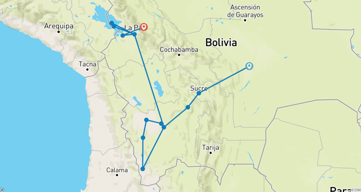 Mapa do percurso de The Best of All Bolivia - Budget: Santa Cruz, Sucre, Potosi, Uyuni Salt Flats, Colorful Lagoons, La Paz, Copacabana, Titicaca lake & Sun Island