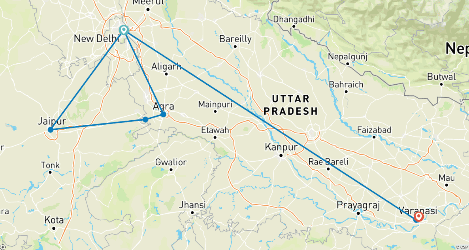 Mapa do percurso de Tour Econômico Triângulo Dourado com Varanasi