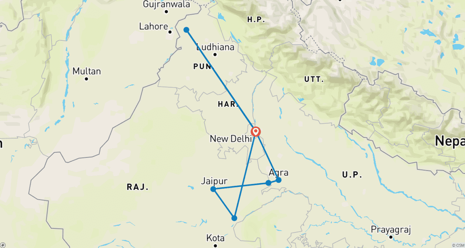 خريطة مسار 9 Day Delhi Agra Jaipur Ranthambore Amritsar Tour - Golden Triangle Tour with Ranthambore Amritsar Tour