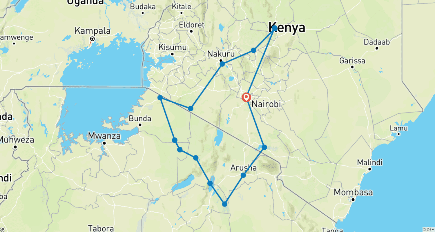 Mapa trasy: Ekskluzywne 16-dniowe safari w Kenii i Tanzanii | Przygoda z dziką przyrodą podczas Wielkiej Migracji