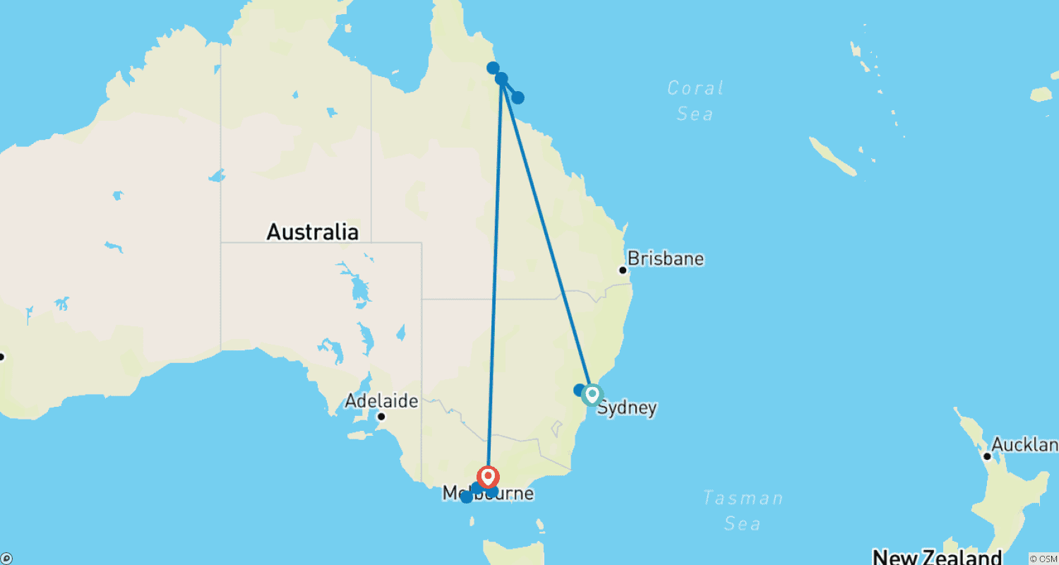 Aussie Icons Fly Stay Tourのルートマップ