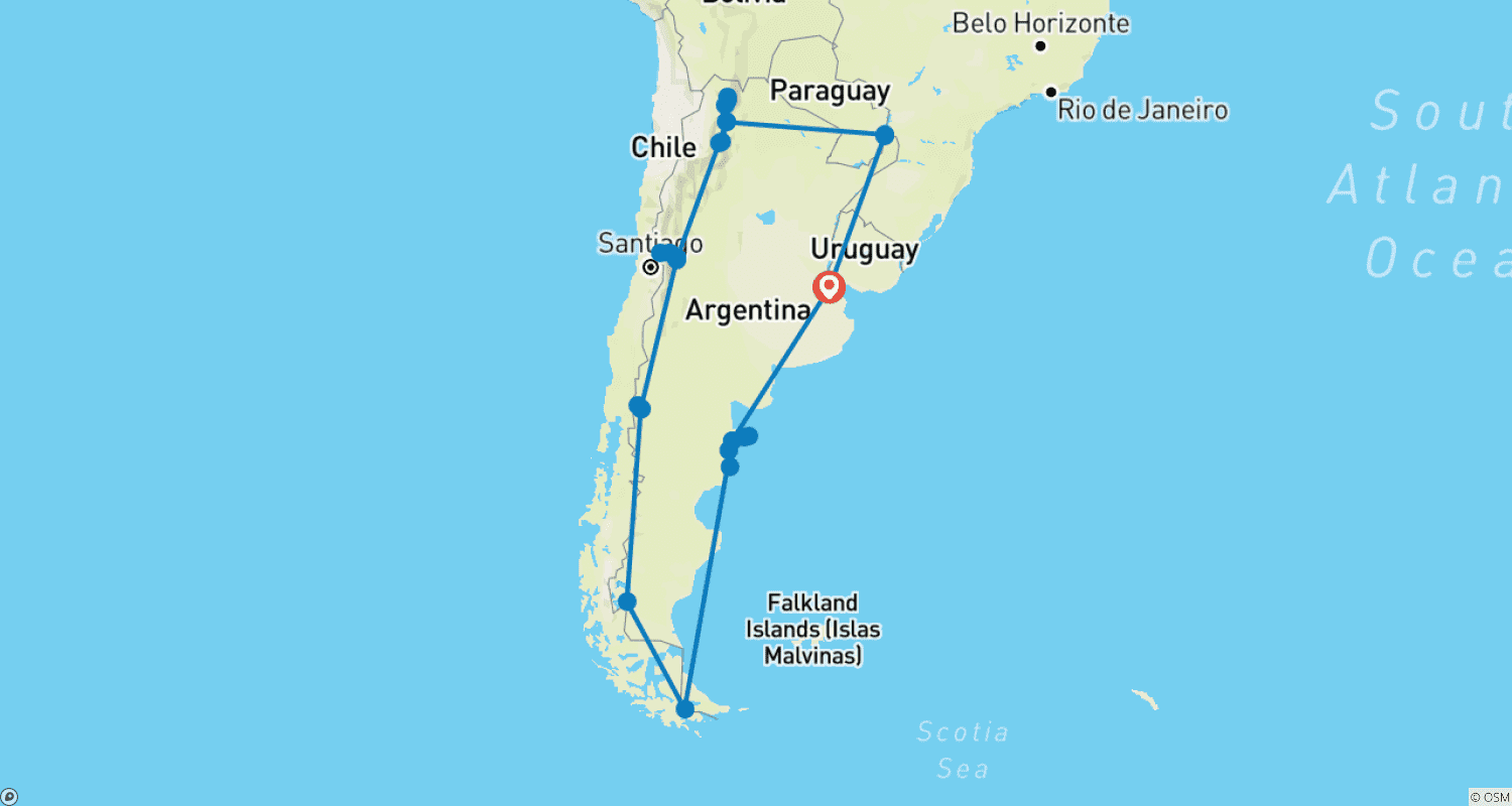 Mapa do percurso de 25 Dias - Grande Tour pela Argentina