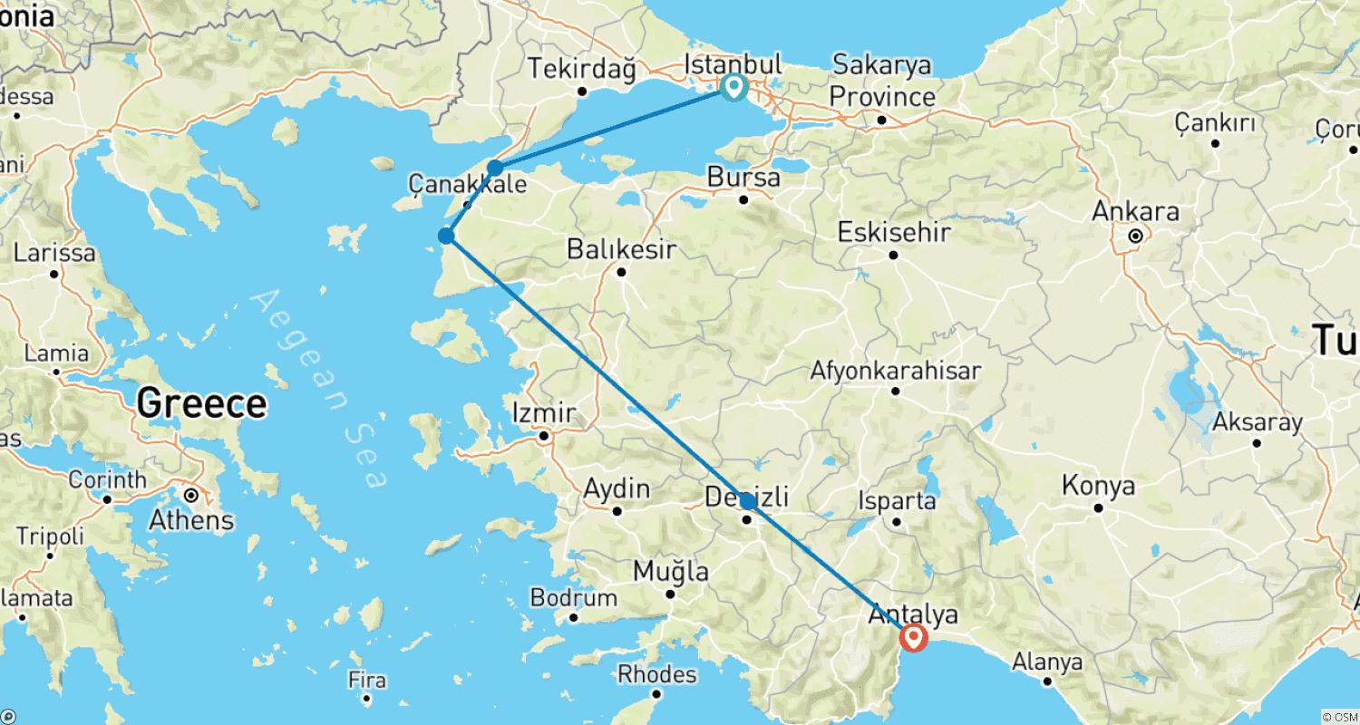 Mapa trasy: 9 dni w Stambule, Kusadasi, Pamukkale, Antalyi.
