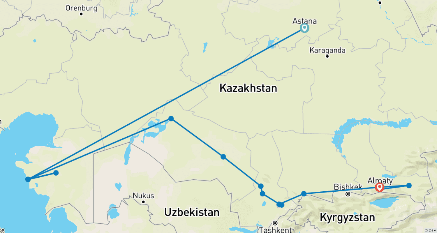Mapa do percurso de Entre o Mar Cáspio e Tian Shan