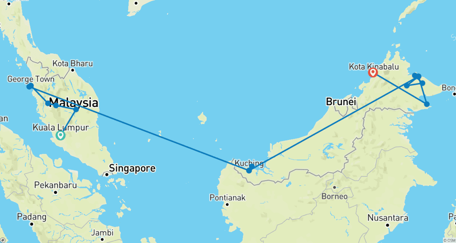 Mapa do percurso de Entre Florestas Tropicais, Orangotangos e Comida de Rua