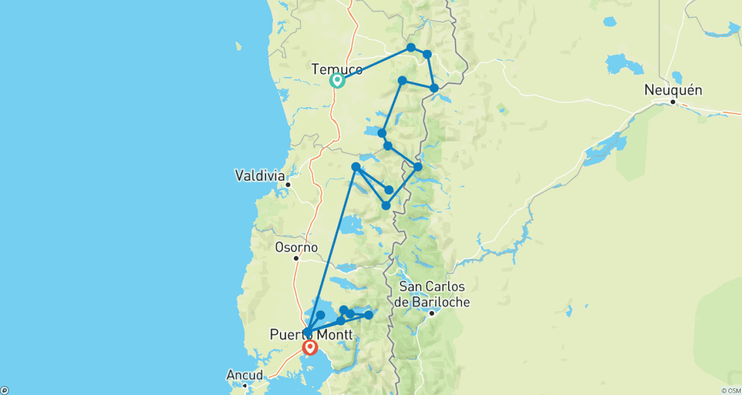 Mapa do percurso de Tour de Carro Alugado pela Araucanía e Distrito dos Lagos
