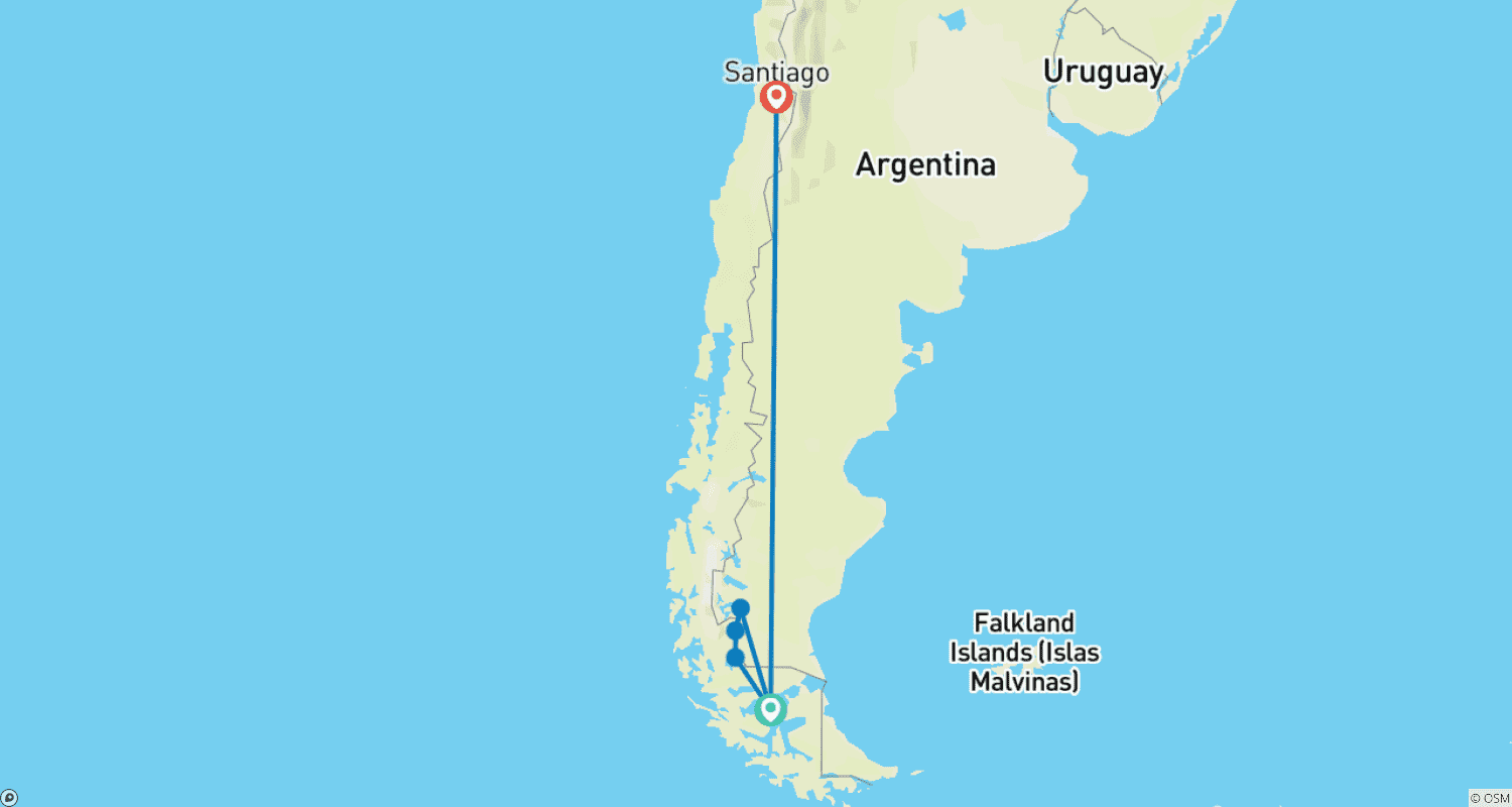 Mapa do percurso de Excursão de Carro Alugado pela Patagônia Meridional