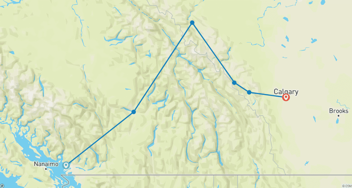 5-Day Rockies Adventure with Rocky Mountaineer (From Vancouver) – Limited-Time Free Columbia Icefield Adventure passのルートマップ