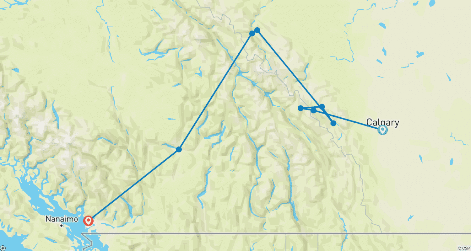 Mapa do percurso de Excursão de 6 Dias pelas Montanhas Rochosas Canadenses com Experiência Ferroviária Rocky Mountaineer saindo de Calgary – Passe Gratuito por Tempo Limitado para a Aventura Columbia Icefield