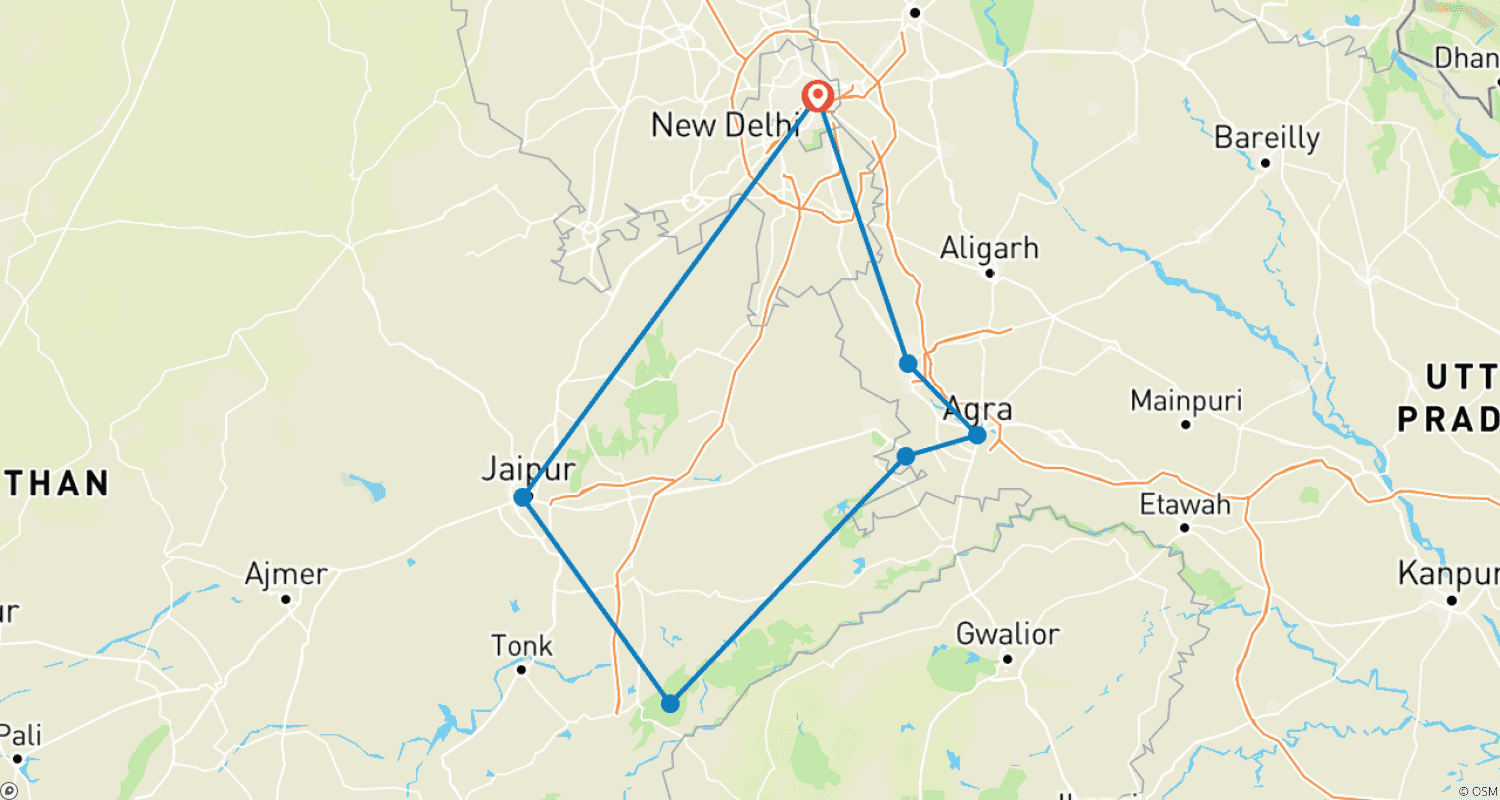 Mapa do percurso de Excursão Triângulo Dourado com Safári em Ranthambore de 8 Dias