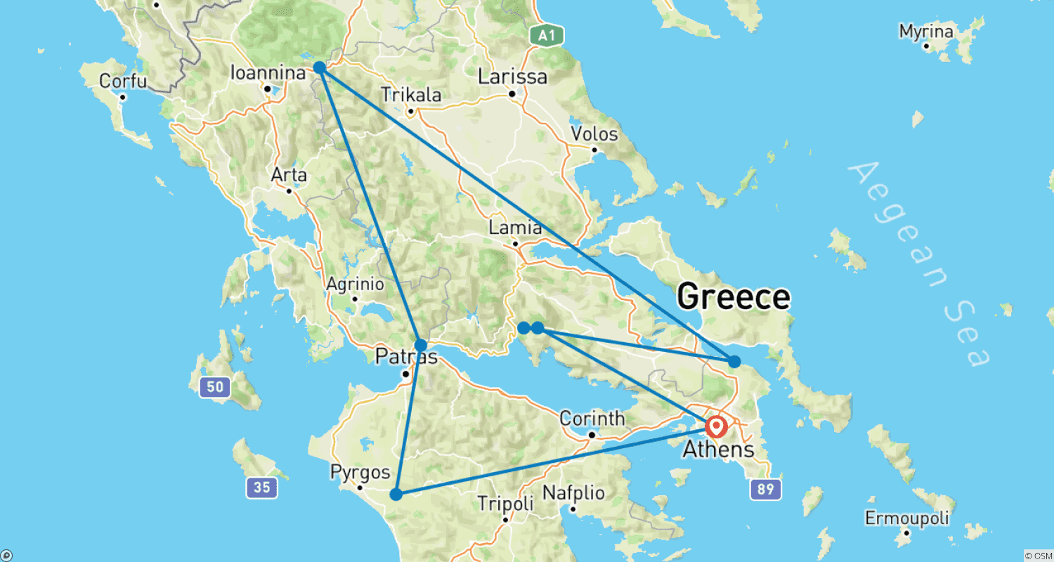 セルフドライブ 9日間 ギリシャ古典と北部ツアーのルートマップ