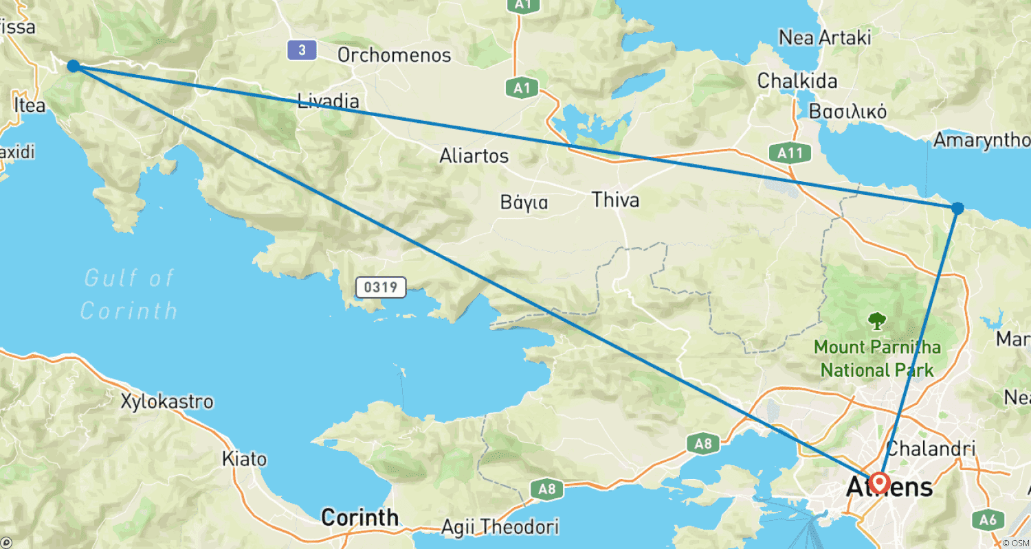 Mapa do percurso de 6 Dias em Atenas, Ônibus Turístico Panorâmico, Excursão a Delfos e Meteora & Cruzeiro de Um Dia.