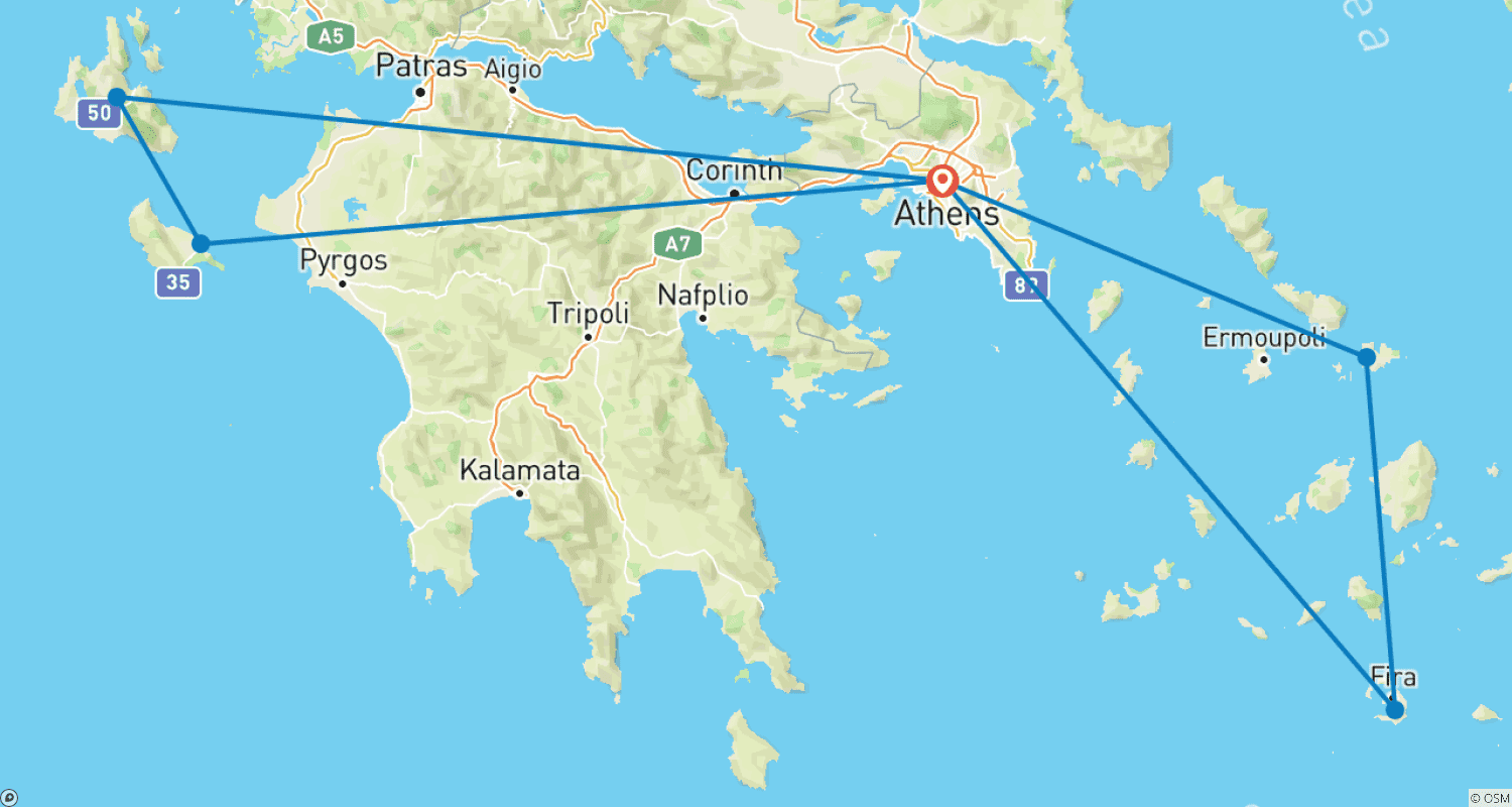 خريطة مسار 12 يومًا في أثينا، Kefalonia، Zakynthos، ميكونوس وسانتوريني.