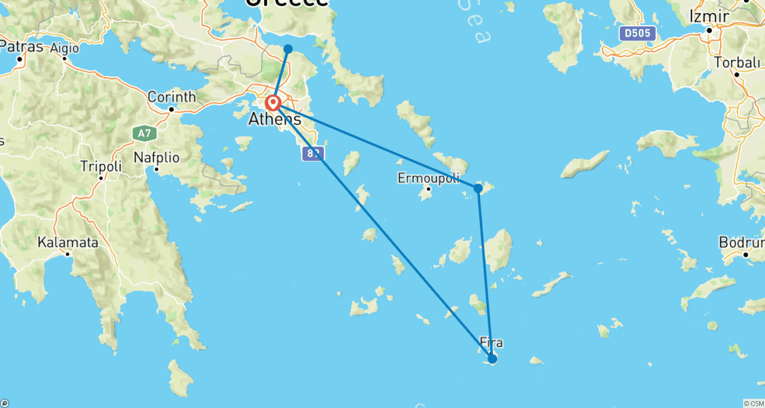 8 Days Athens, Meteora, Mykonos & Santorini.のルートマップ