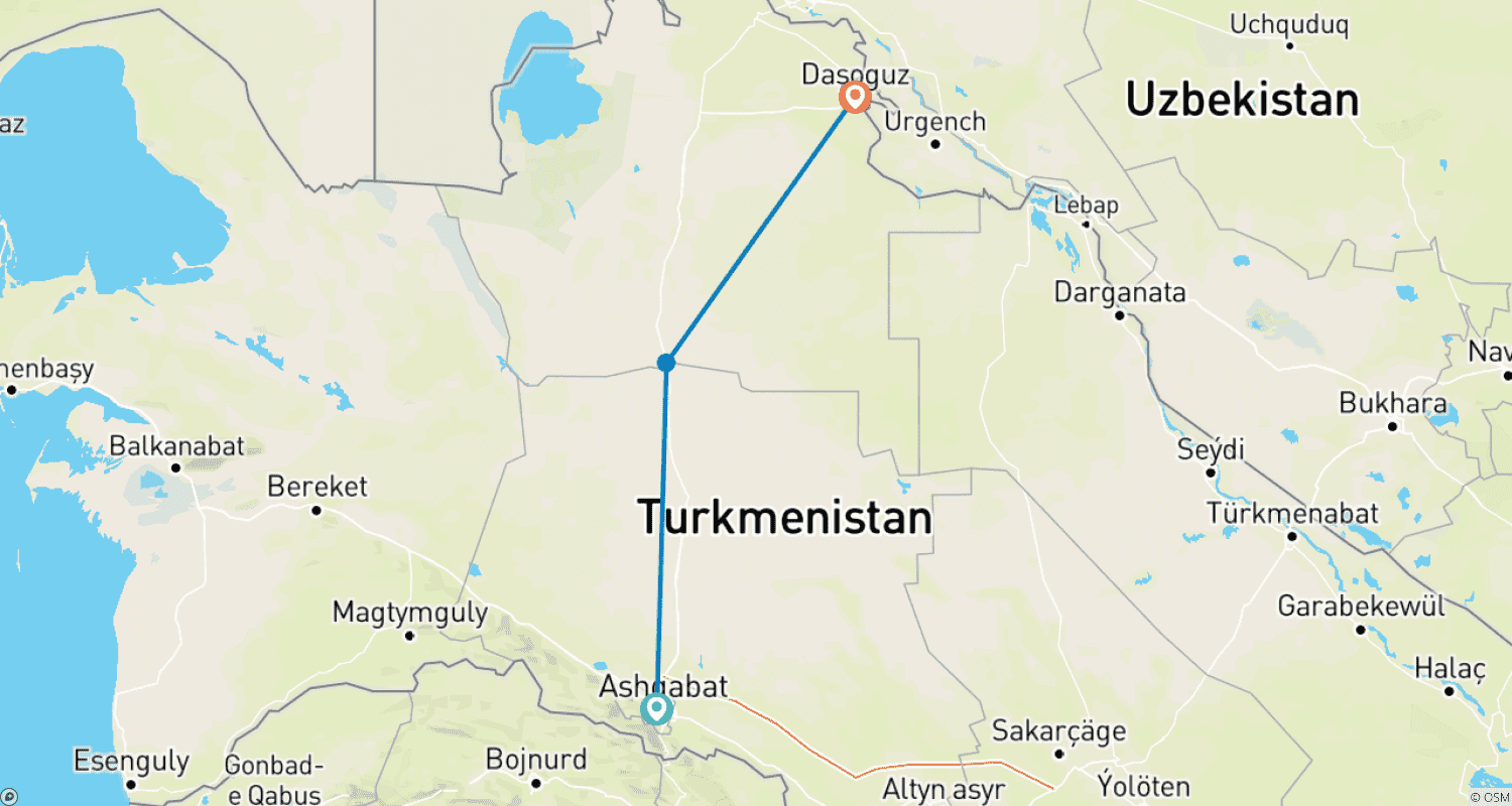 Mapa do percurso de De Ashgabat a Darvaza e Shavat/Khiva (Excursão em Grupo)