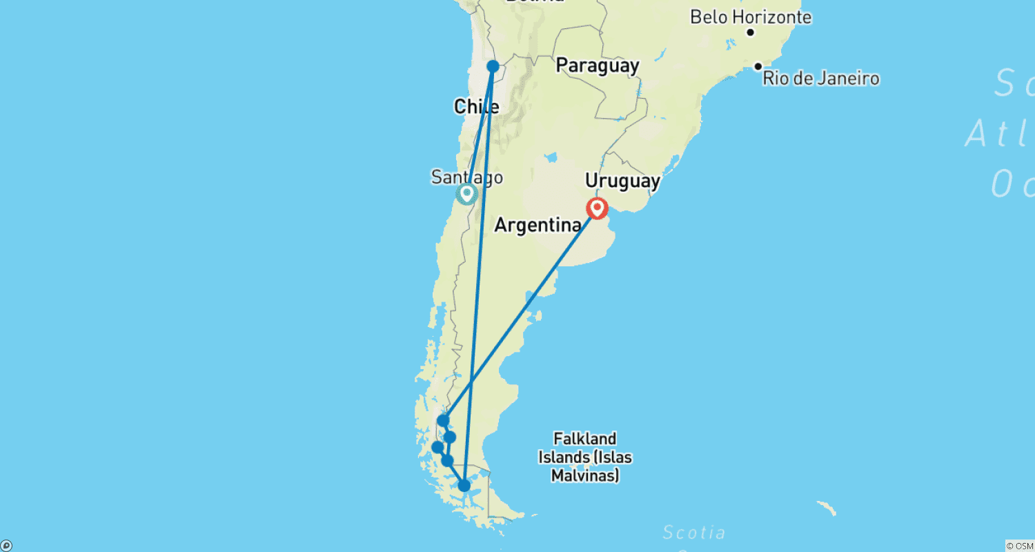 Mapa do percurso de Chile e Argentina - Deserto, geleiras e lagoas