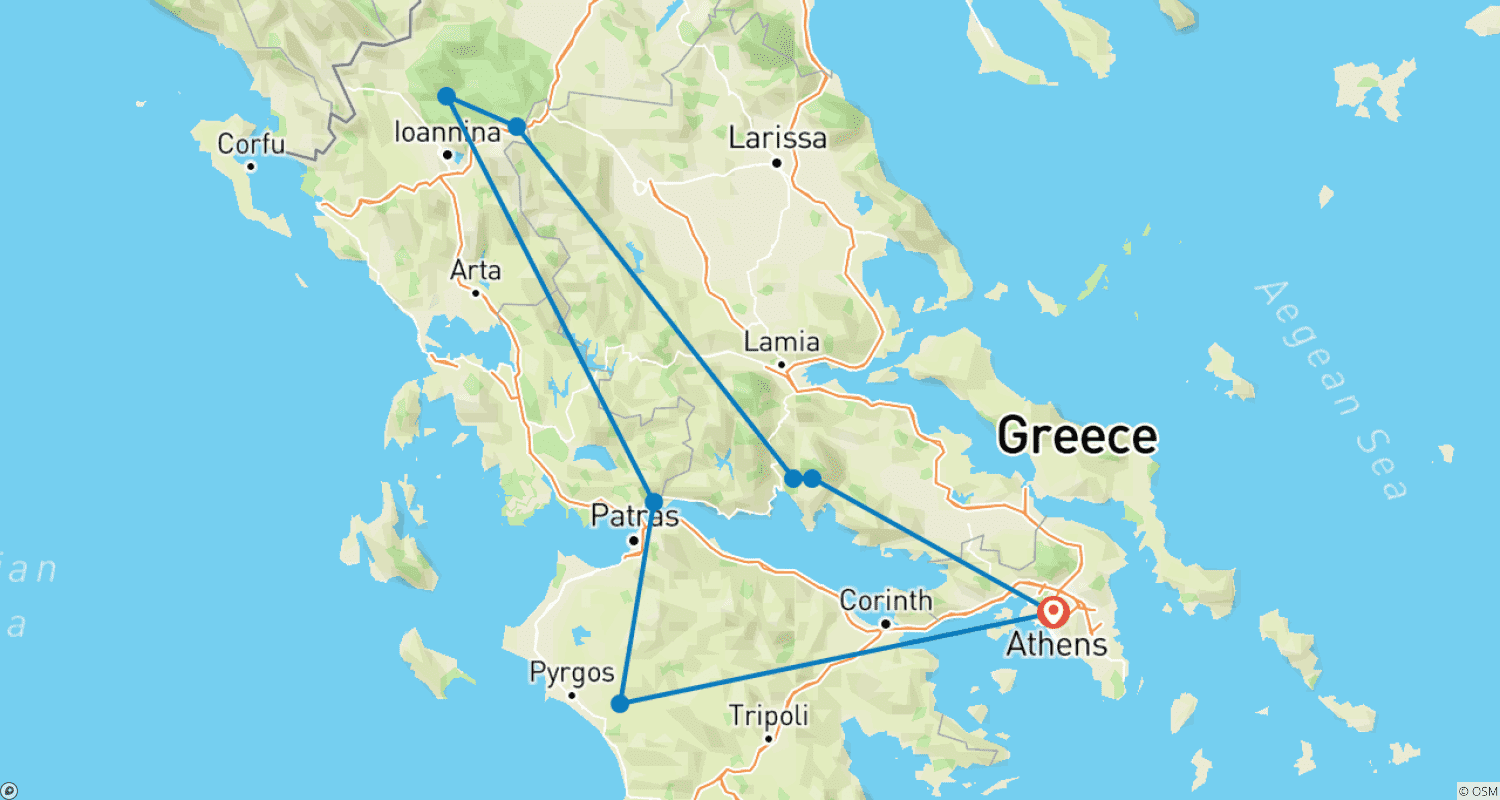 Mapa do percurso de SELF DRIVE 8 Dias Atenas, Olímpia, Zagorohoria, Kalambaka e Delfos.