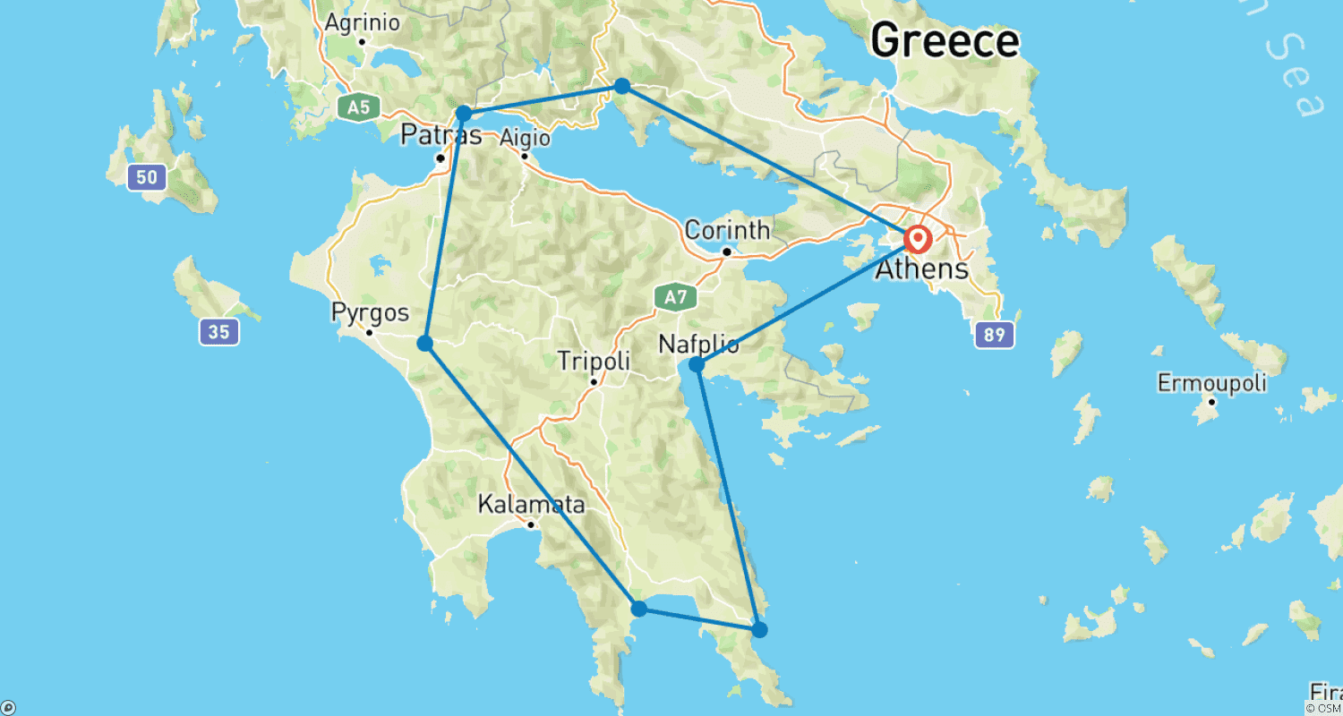 Mapa trasy: Samodzielna podróż: 9 dni w Atenach, Olimpii, Mykenach, Argolidzie, Nauplionie, na Peloponezie i w Delfach.