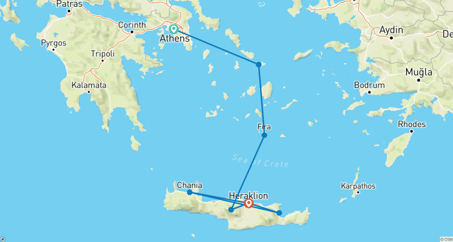 خريطة مسار 13 Days Athens, Mykonos, Santorini & Crete.
