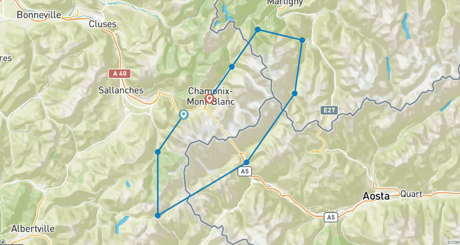 Tour du Mont Blanc Classic 10 Day Guided Hikeのルートマップ