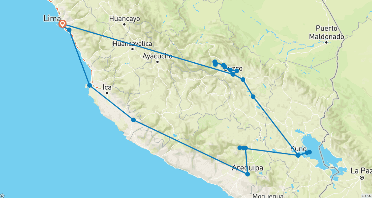 Mapa do percurso de Destaques do Sul do Peru