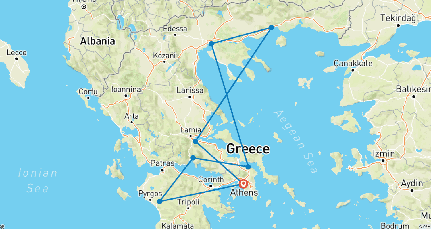 Mapa do percurso de 10 Days Athens, Olympia, Delphi, Kalambaka, Thessaloniki, Kavala and Chalkidiki.