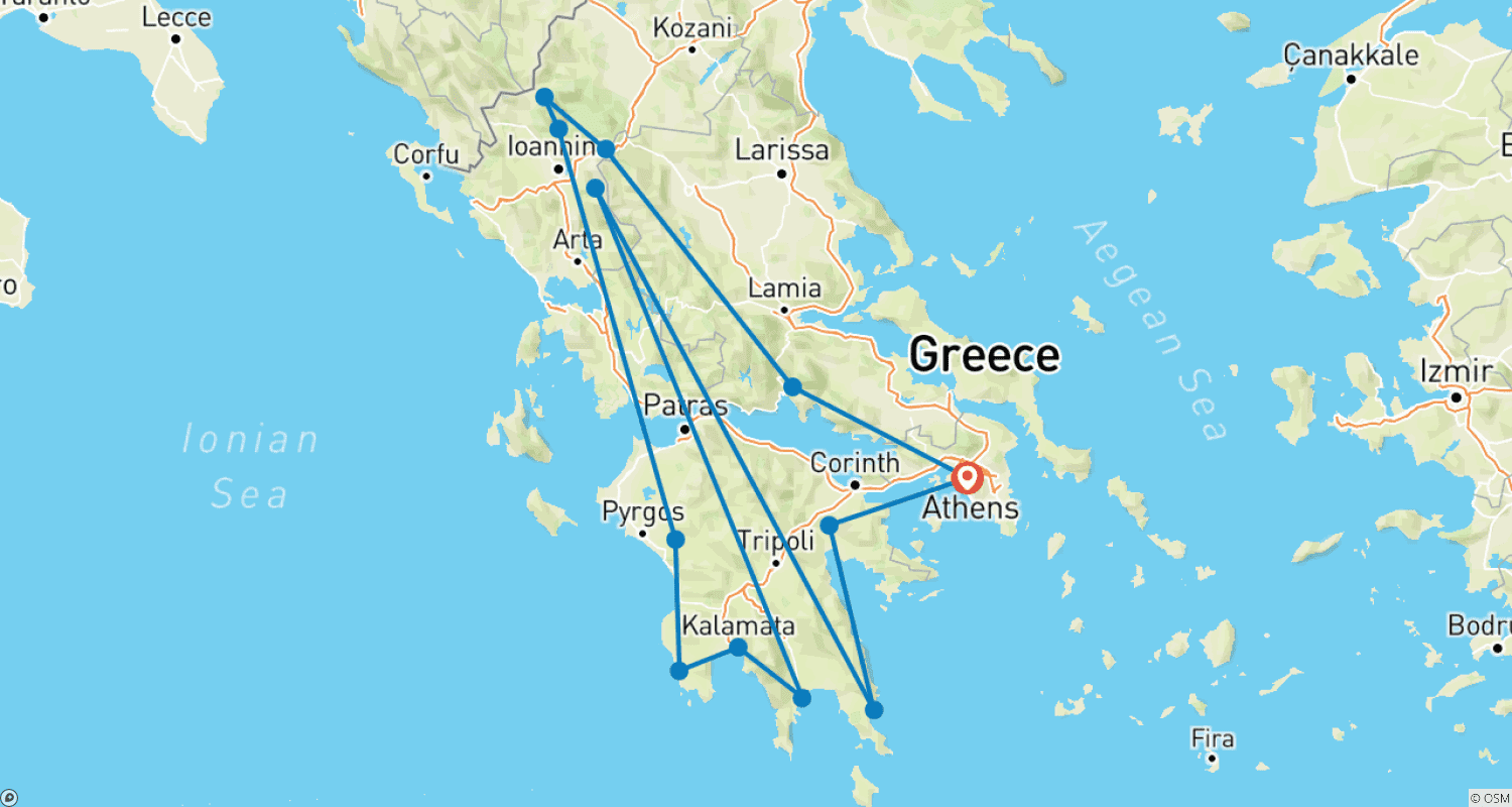 خريطة مسار 11 Days in Athens, Olympia, Nafplio, Peloponnese, Zagorohoria, Kalambaka and Delphi.