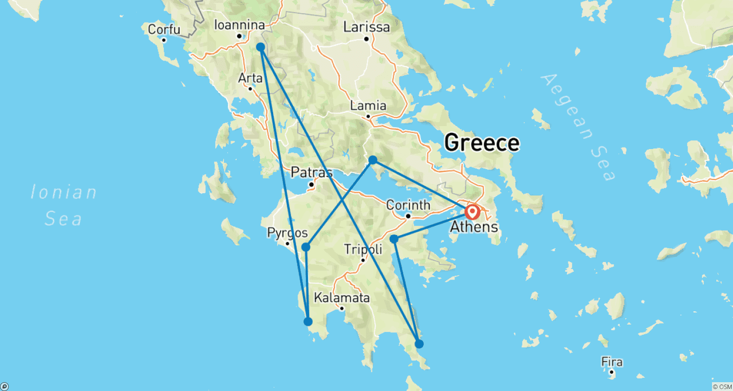 Mapa do percurso de 9 Days Athens, Olympia, Mycenae, Argolis, Nafplio, Peloponnese and Delphi