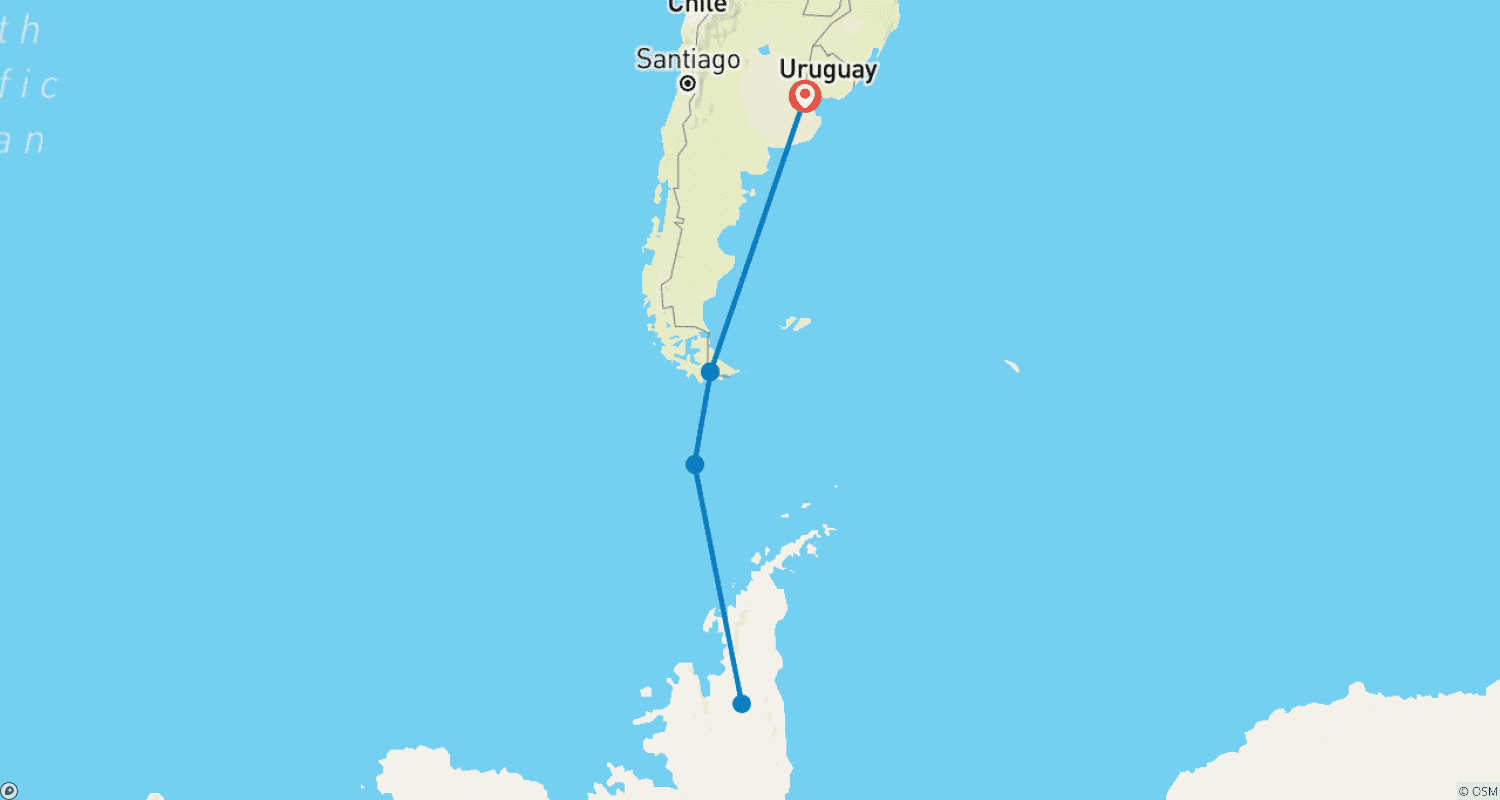 Mapa do percurso de Destaques da Antártida (MS Roald Amundsen, 2025)