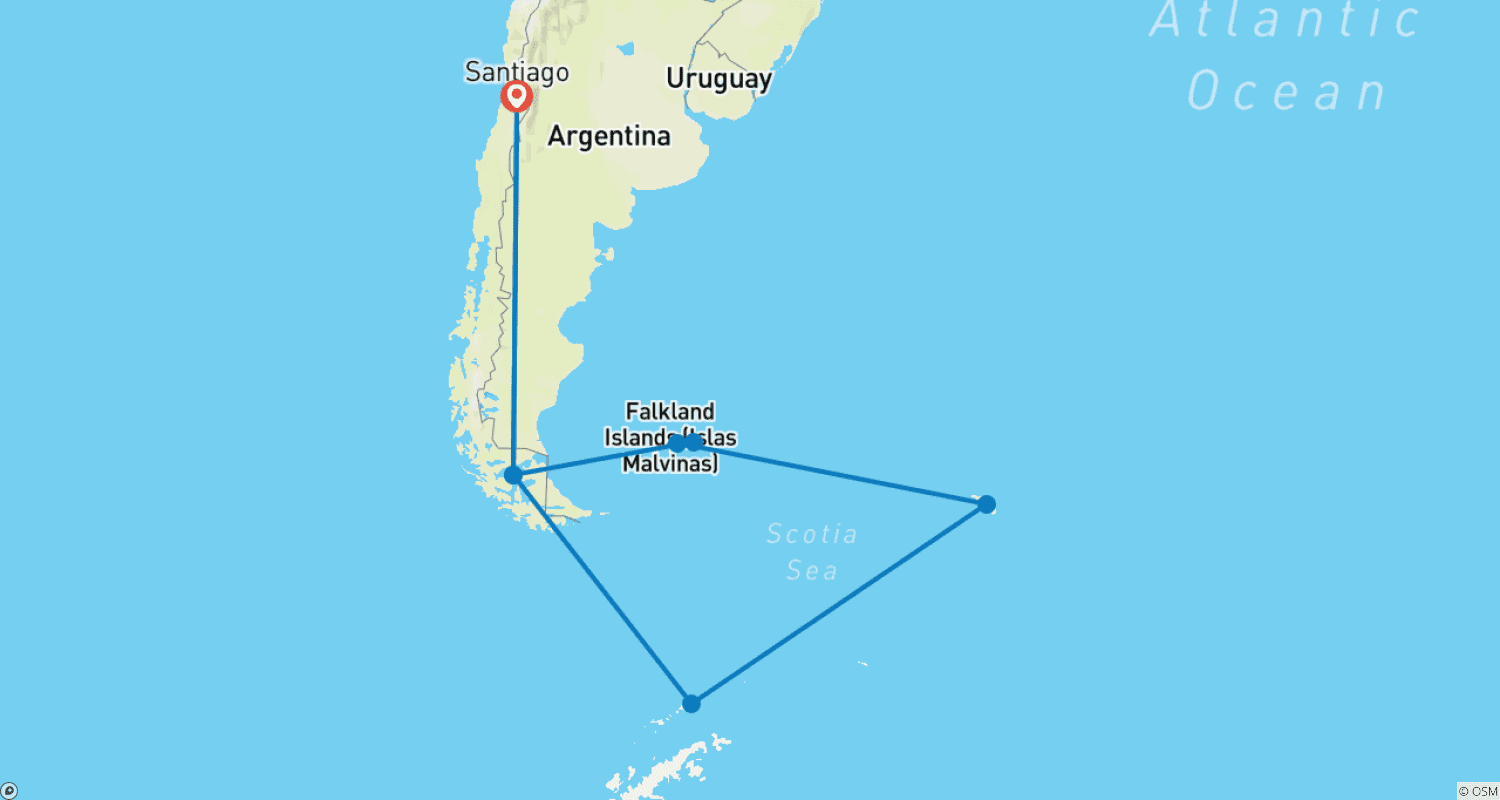 Mapa do percurso de Expedição Aprofundada à Antártica, Ilhas Falkland e Geórgia do Sul (2025)