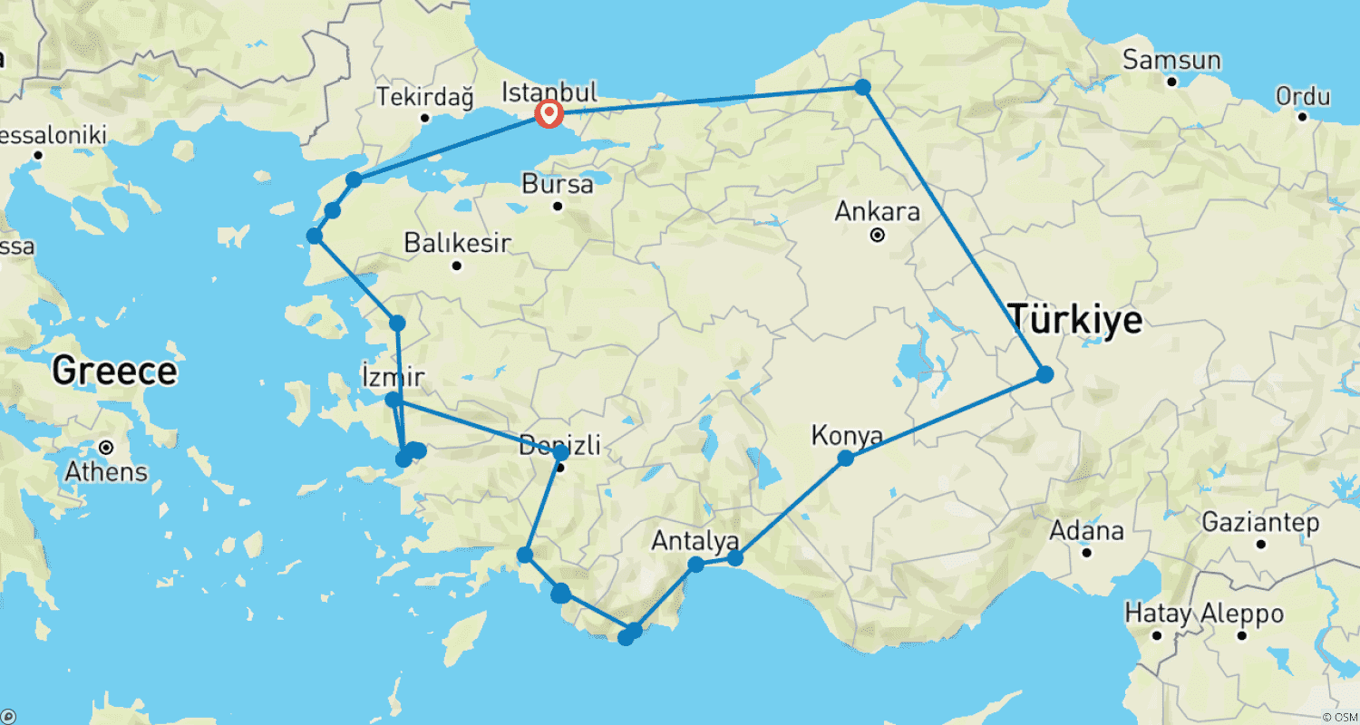 Mapa trasy: 14 dni wyjątkowych piękności Turcji podczas wycieczki grupowej