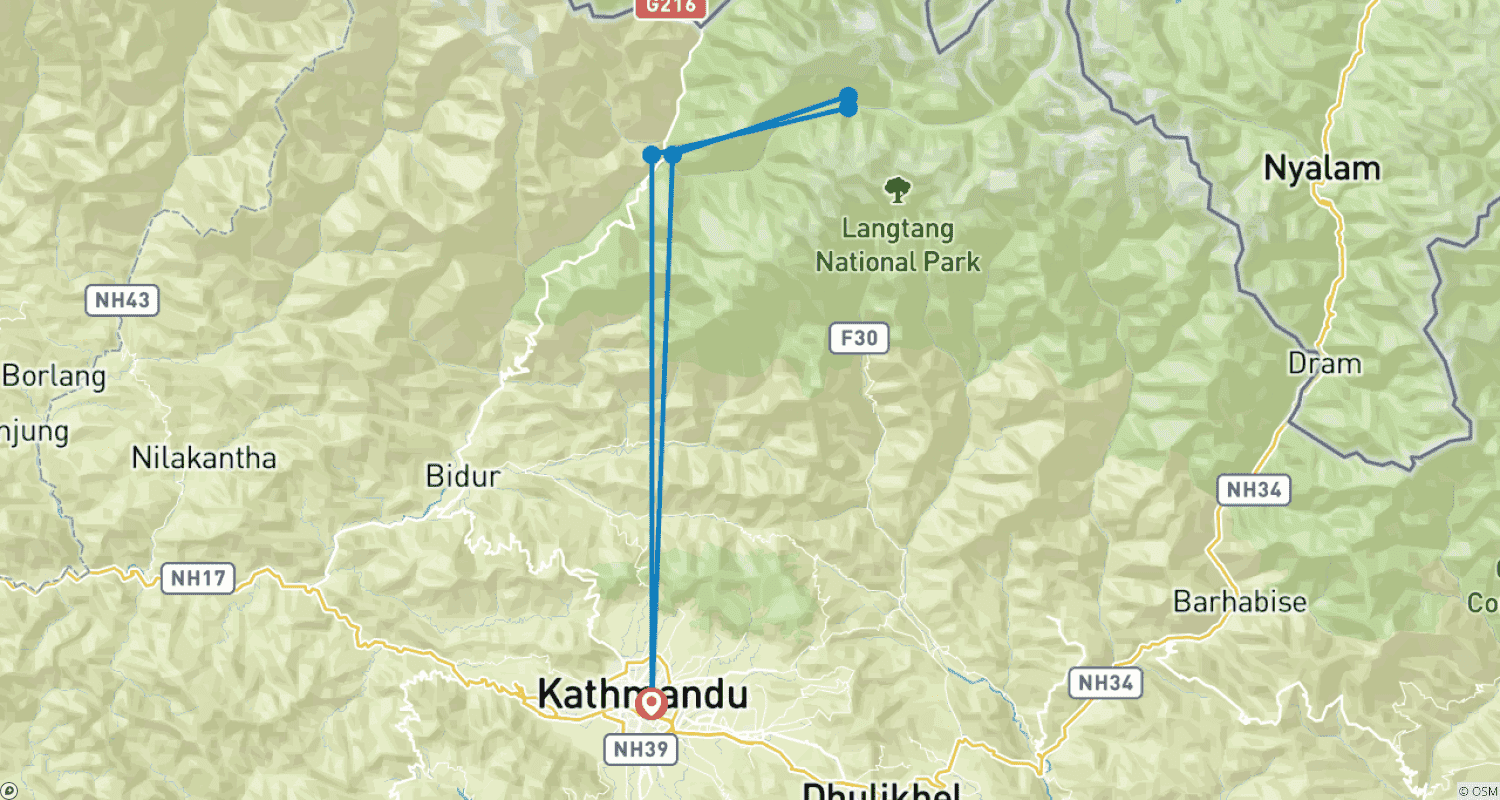 Mapa do percurso de Caminhada Curta pelo Vale de Langtang - 6 Dias