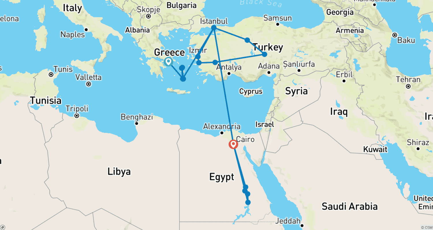 Mapa trasy: 21 Dni z Aten do Egiptu i Rejs po Nilu