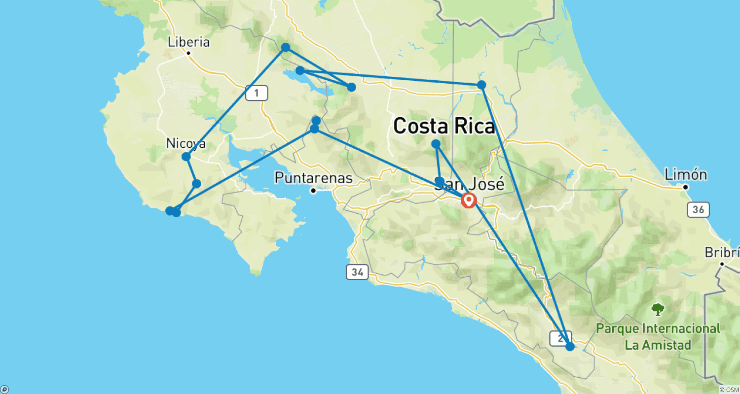 Mapa trasy: Rowerem po Kostaryce