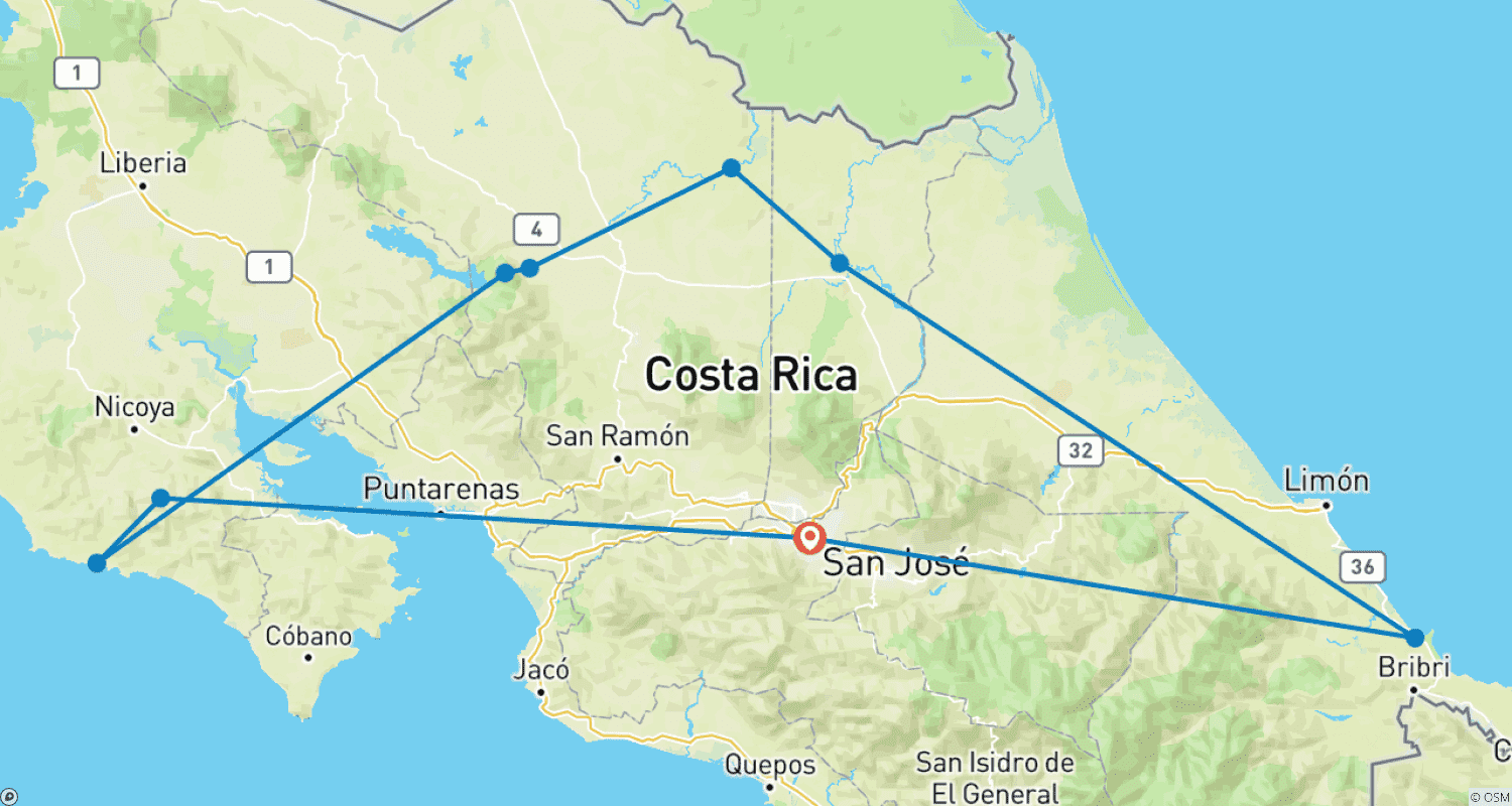 Costa Rica Pura Vidaのルートマップ