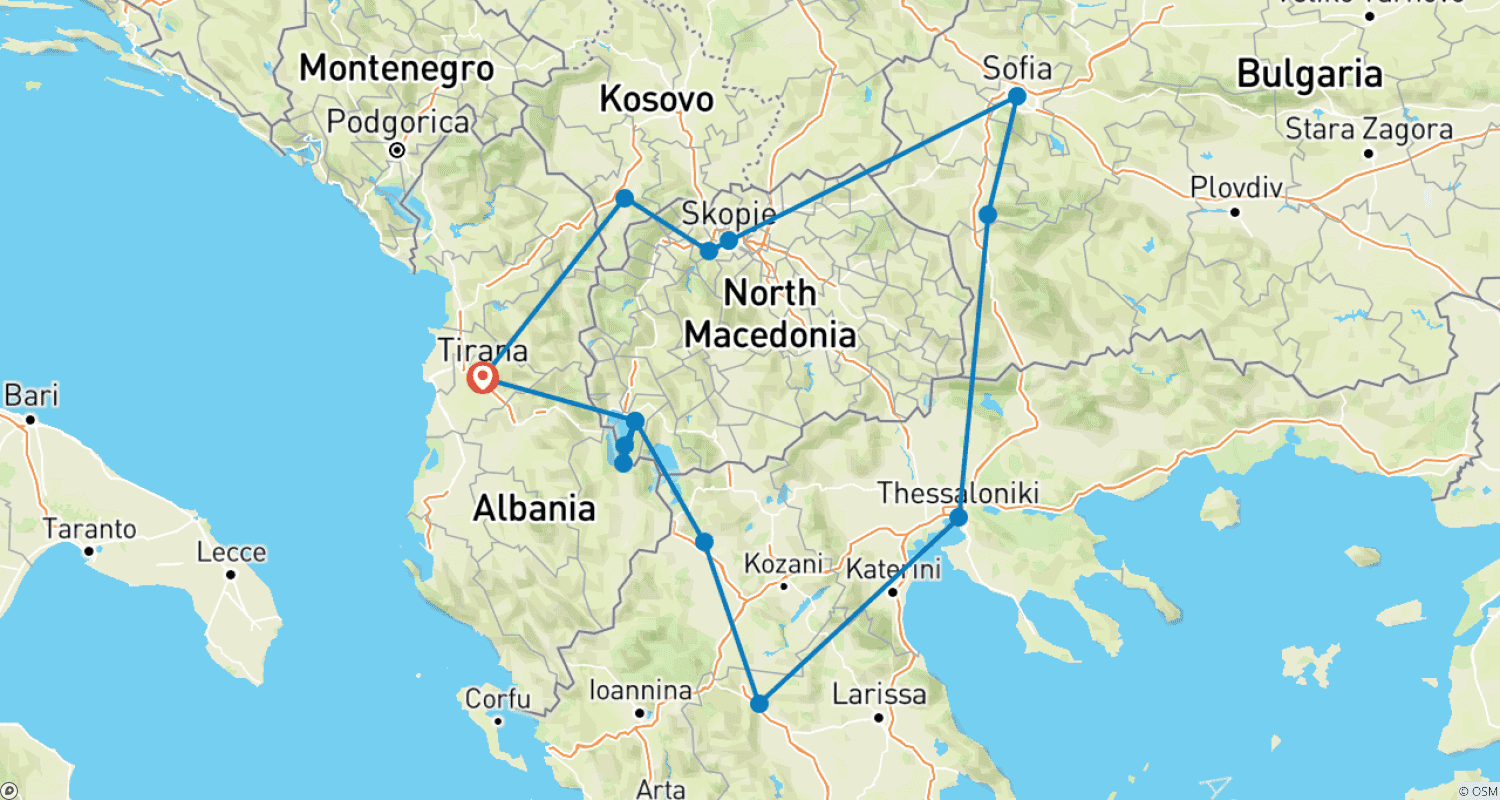 Mapa trasy: Bałkański Pierścień - Okrężna Przygoda z Tirany - Wycieczka w Małej Grupie