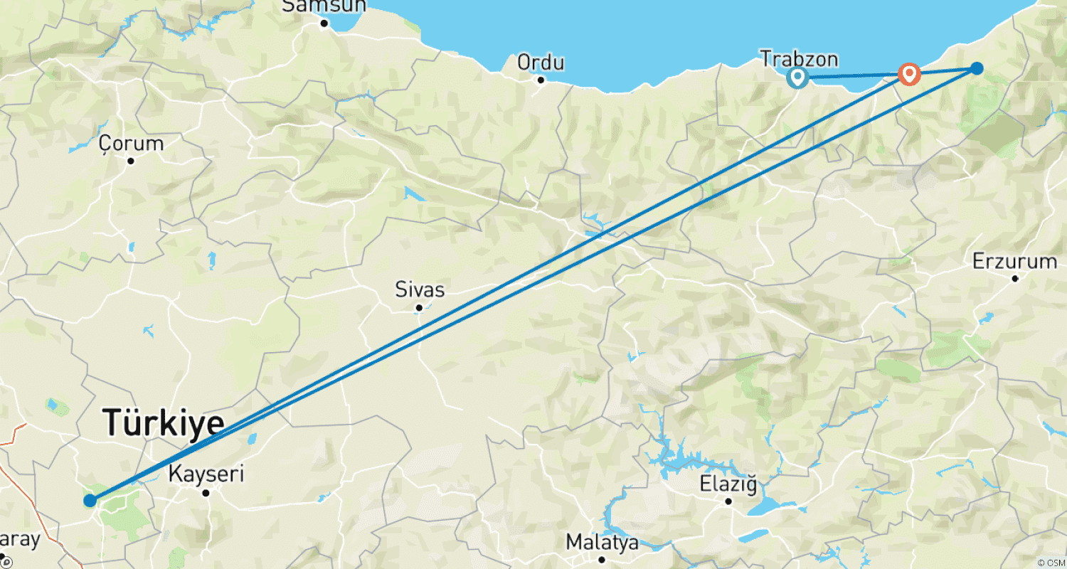 Mapa trasy: Rize Trabzon 3 noce 4 dni prywatna wycieczka po północy z zakwaterowaniem w bungalowach