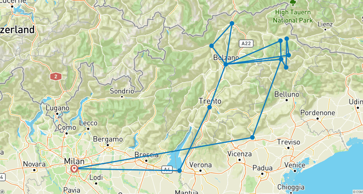 Mapa do percurso de Uma Excursão Panorâmica Acompanhada pela Alpina e Dolomitas