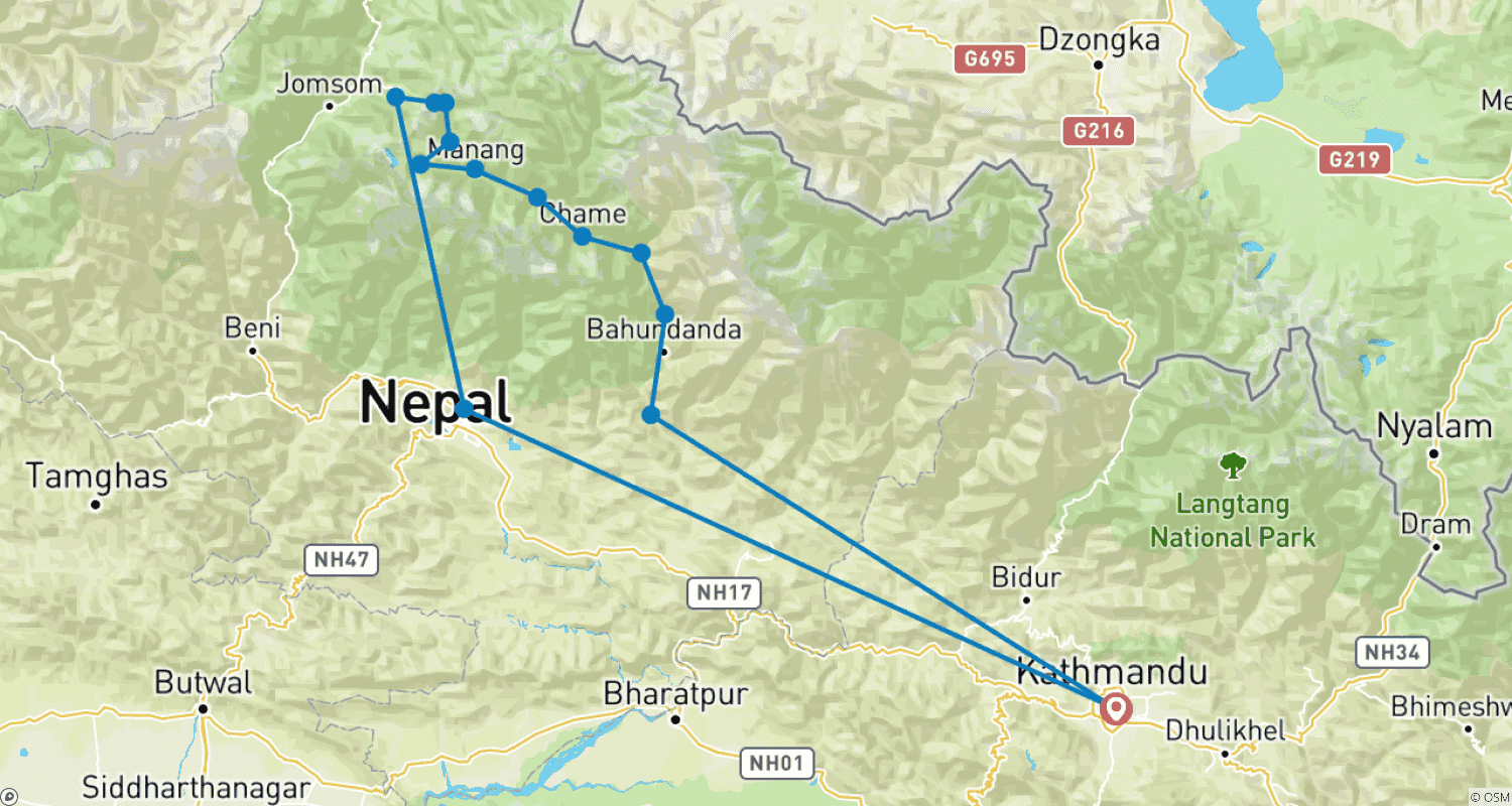 Mapa do percurso de Circuito Annapurna e Caminhada ao Lago Tilicho - 14 Dias