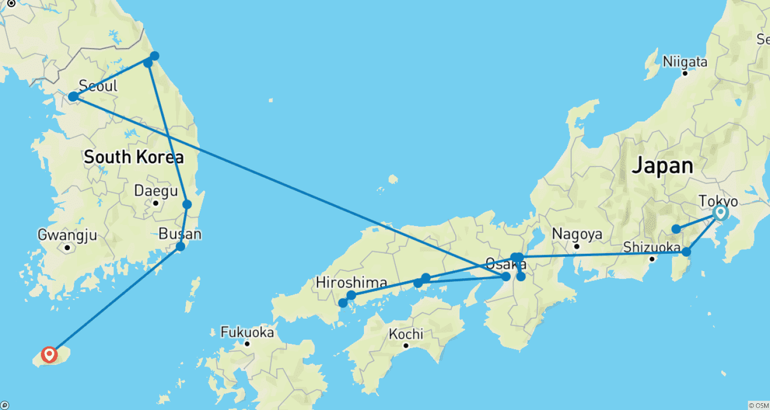 日本と韓国を巡る25日間:東京から済州島へのルートマップ