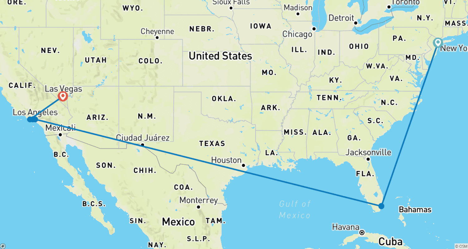Mapa do percurso de Lista de Desejos dos EUA: Estátua da Liberdade, Hollywood e Las Vegas