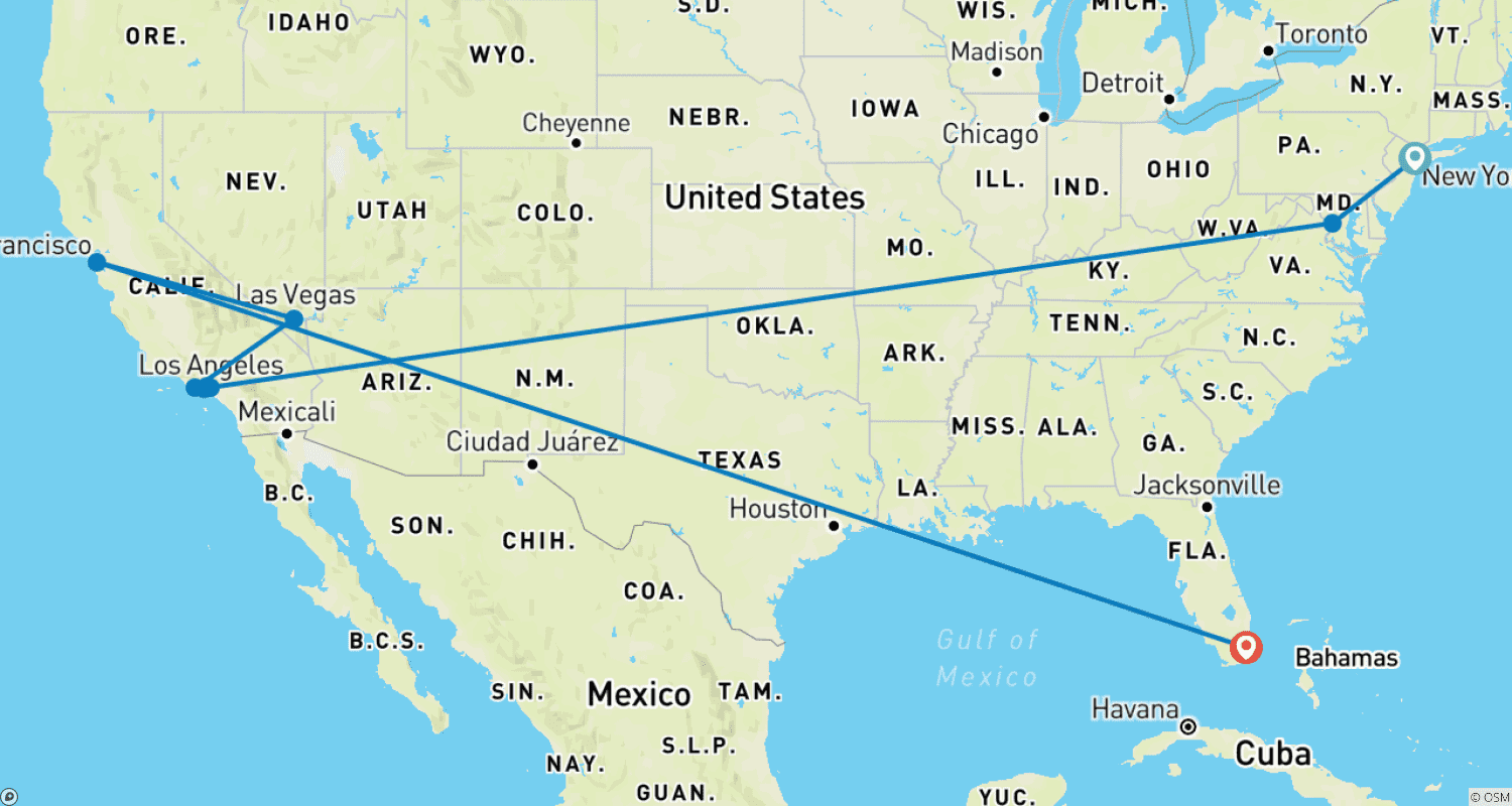 Mapa do percurso de Lista de Sonhos dos EUA: Da Grande Maçã à Ponte Golden Gate